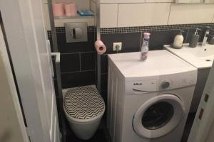 een kleine badkamer met een wasmachine en een wasmachine bij F3 agréable et calme in Château-Thierry +11 foto's