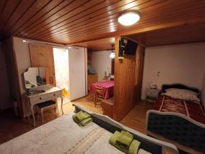 - une chambre avec 2 lits et un bureau dans l'établissement Apartment Zalokar, à Bohinj