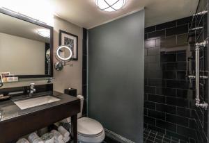 a bathroom with a toilet a sink and a mirror at Hotel Le Marais in New Orleans