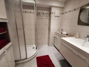 a bathroom with a shower and a sink at Ferienwohnung Außerdorf in Wiesing