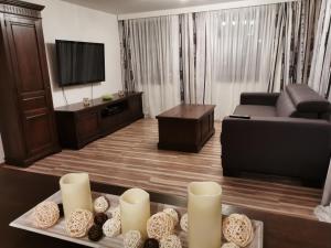 ein Wohnzimmer mit einem Sofa und einem TV in der Unterkunft Ferienwohnung Außerdorf in Wiesing