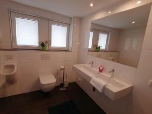 クレスターレ・アム・アールベルクにあるHof Kurzamannのバスルーム(洗面台、トイレ、鏡付)