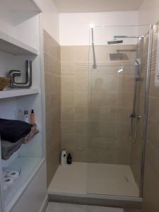 a shower with a glass door in a bathroom at La Petardière in Meaux