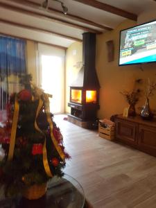 una sala de estar con un árbol de Navidad y una chimenea en Casa Larrosa rural en Sierra de Guara, en Sieso de Huesca