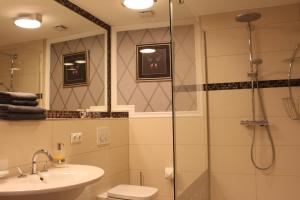 ein Bad mit einer Dusche, einem WC und einem Waschbecken in der Unterkunft Hotel Villa Sommer in Bad Doberan