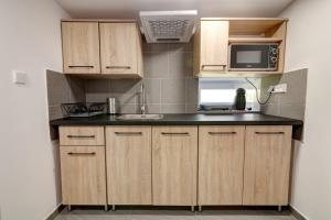 a kitchen with wooden cabinets and a sink and a microwave at Willa Wladyslaw - centrum Krynicy, parking w cenie! in Krynica Zdrój