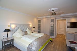 Schlafzimmer mit einem Bett, einem Deckenventilator und einem TV in der Unterkunft Mokni's Palais Hotel & SPA in Bad Wildbad