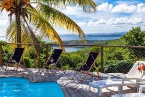 a resort with a pool and chairs and a palm tree at Villa Vue Sauvage in La Trinité