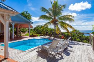 een terras met een zwembad en stoelen en een palmboom bij Villa Vue Sauvage in La Trinité