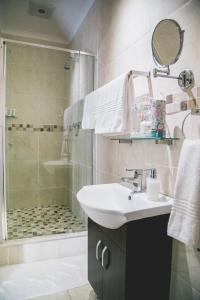 uma casa de banho com um lavatório e um chuveiro em The Symphony Guest House em Queenstown