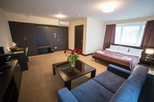 salon z kanapą i łóżkiem w obiekcie Hotel Avangarda w mieście Różan