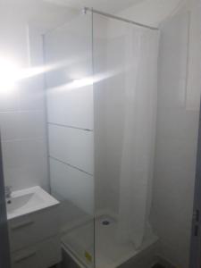 ラ・シオタにあるappartement bord de merの白いバスルーム(シンク、ガラス張りのシャワー付)