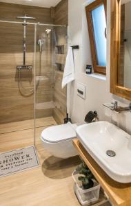 a bathroom with a shower and a toilet and a sink at Gruszowa Villa in Kalwaria Pacławska +11 photos