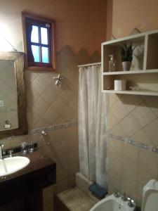 Un baño con lavabo y cortina de ducha. en Nuestro Lugar, en Villa Gesell