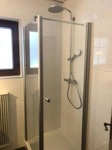 una ducha con puerta de cristal en un baño en Haus JoLoMo, en Mallnitz 82 fotos más