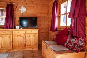 uma sala de estar com um sofá e uma televisão numa cabana de madeira em Ruhige Chalets mit Seeblick in zentraler Lage em Schliersee