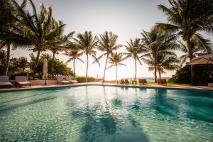 a swimming pool with palm trees and the ocean at Hotel Esencia in Xpu Ha