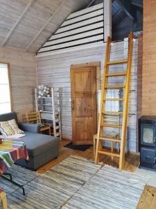 a living room with a couch and a ladder at Laasi Cozy Cottage in Kaigutsi
