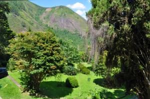 vista su un giardino con una montagna sullo sfondo di Pousada Alto do Vale a Nova Friburgo