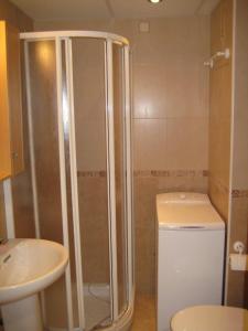 La salle de bains est pourvue d'une douche, de toilettes et d'un lavabo. dans l'établissement Apartamento en pistas de esquí, à Candanchú