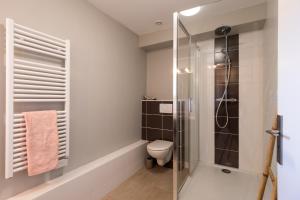 uma casa de banho com um chuveiro e um WC. em Les Orchidées em Cluny