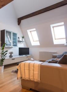 um quarto com uma cama, uma televisão e clarabóias em Comfy loft on Hlavna em Košice