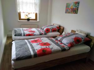 two beds in a room with red flowers at Ferienwohnung Familie Schneider in Neustadt in Sachsen