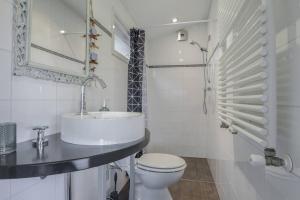 a white bathroom with a sink and a toilet at Tinyhouse Dirkshorn Noord-Holland honden welkom omheinde tuin 10 km van strand in Dirkshorn +31 photos
