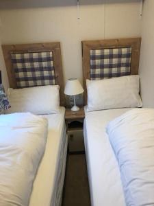 two beds in a room with a table with a lamp at 81 The Heathers, Aviemore Holiday Park , Dalfaber rd Aviemore PH22 1PX in Aviemore +18 photos