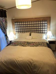 a bedroom with a large bed with a large headboard at 81 The Heathers, Aviemore Holiday Park , Dalfaber rd Aviemore PH22 1PX in Aviemore