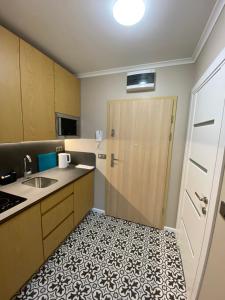 a small kitchen with a sink and a door at Apartament Wrocław Marina nad Odrą 29 in Wrocław