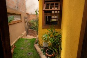 a yellow building with a window and some plants at Chalé Diamantina in Diamantina