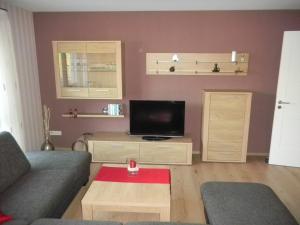 a living room with a couch and a flat screen tv at Ferienwohnung Bernkastel-Kues - Alte Rebschule in Bernkastel-Kues
