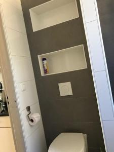 a bathroom with a white toilet and a black wall at Vosseven familiebungalow 10 persoons in Stramproy