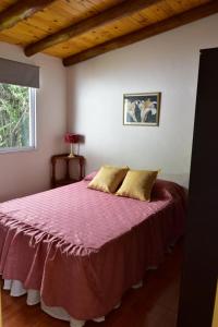 1 dormitorio con 1 cama con colcha rosa en View Point Apart Nogal en Villa Giardino