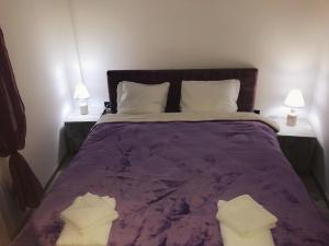 a bedroom with a purple bed with two white pillows at Apartman “EMI” in Kopaonik +21 photos