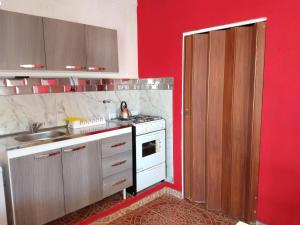 cocina con fregadero y pared roja en Mi lugar en Capilla del Monte