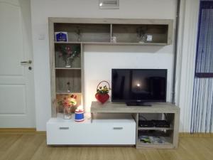ein Wohnzimmer mit einem TV in einem Entertainment-Center in der Unterkunft Tiki Apartmen in Belgrad