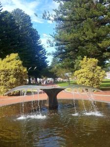 a fountain in the middle of a pond in a park at Hi 5 Luxury Holiday Apartments in Victor Harbor