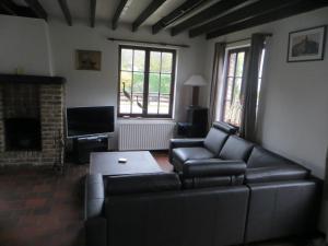 a living room with a leather couch and a fireplace at Villa Eleonore in Koksijde