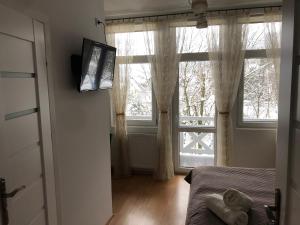 - une chambre avec un lit et une grande fenêtre dans l'établissement Willa Halina, à Krościenko nad Dunajcem