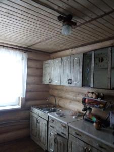 a kitchen with a sink and a ceiling fan at Cottage Лісовий in Bukovets