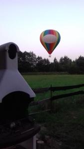 een heteluchtballon die over een veld vliegt bij Siedliskogaj in Wojciechów