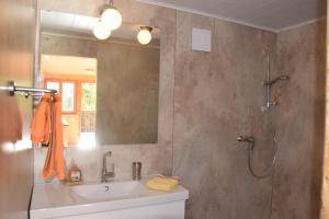 een badkamer met een wastafel en een douche met een spiegel bij Tiny Häuschen in Ossiach