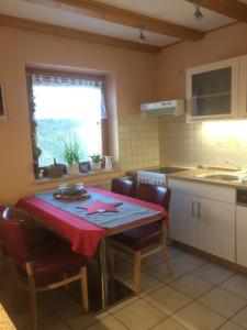 a kitchen with a table with chairs and a window at Ferienwohnung Saaletalblick in Jena