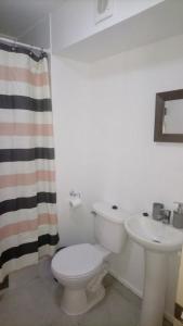 a white bathroom with a toilet and a sink at Cómodo departamento en el centro de Casablanca in Casablanca