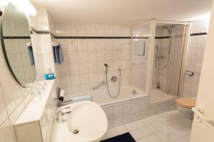 a bathroom with a sink and a shower and a toilet at Schöne Ferienwohnung am Schlosspark in Bad Brückenau