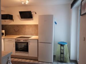 a kitchen with a white refrigerator and a stove at Jonas Apartment in Winterberg +14 photos