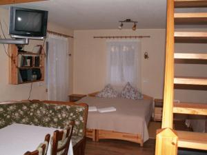 Meža Salas في Lāde: غرفة نوم بسرير وتلفزيون وأريكة