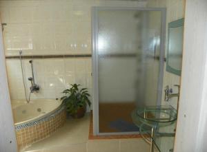 a bathroom with a shower and a tub and a sink at Max B&B in East London +20 photos